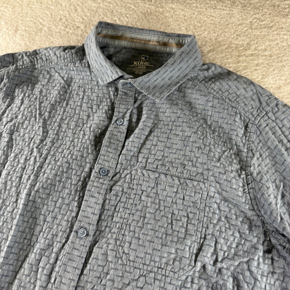 Kuhl Casual Button‎ Up Short Sleeve Shirt Men Blue Large Stretch Clean Collared